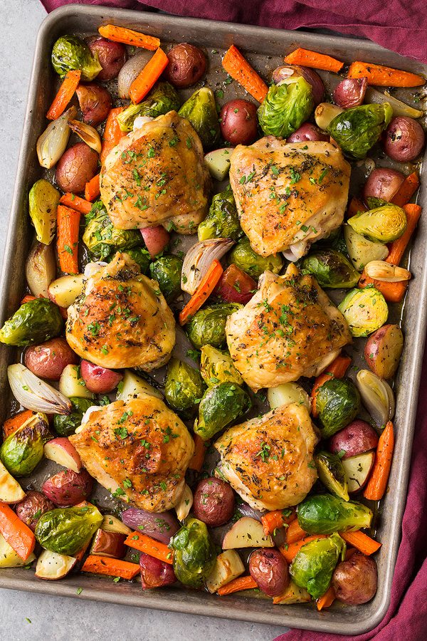 Herb Butter Sheet Pan Chicken Thighs with Savory Root Veggies